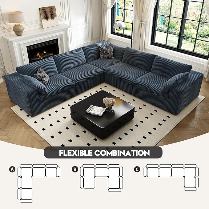 118" Cloud Couch Oversized Modular Sectional Sofa for Living Room,Modern Sofa with Deep Seat,V Shaped Boneless Couch,Comfy Upholstered Corduroy Couches for Apartment, Studio, Office,Bedroom,Blue