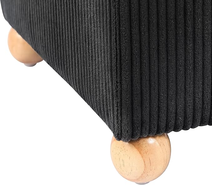 Adeco 17 Inch High Striped Flannel Black Cube Ottoman Storage, 3D Embossed Velvet Chair Foot Stools, Upholstered Vanity Stool with Hinged Lid, Solid Round Wood Legs