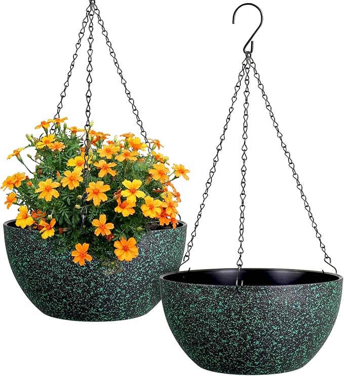 12 inch Large Hanging Planters for Indoor Outdoor Plants, 2 Pack Hanging Flower Pots with Drainage Holes and Chain, Plastic Hanging Baskets for House Plants, Black with Green Speckles