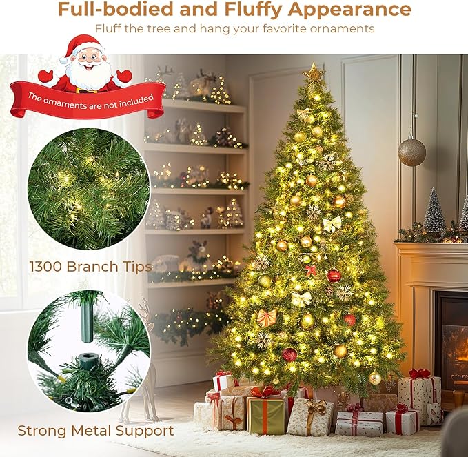 7.5 ft Artificial Christmas Tree with 1300 Branch Tips, Holiday Xmas Tree with Foldable Base and Easy Assembly, Outdoor Christmas Trees for Yard Porch Home Office Party Decoration, Green