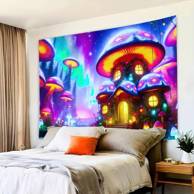 BlissYard Black Light Tapestry Uv Reactive Tapestry Glow Tapestry 78x59 Inches Enchanted Mushroom Village Wall Hanging, Fluorescent Art Decor with Glowing Mushrooms, Forest, and Fantasy Elements