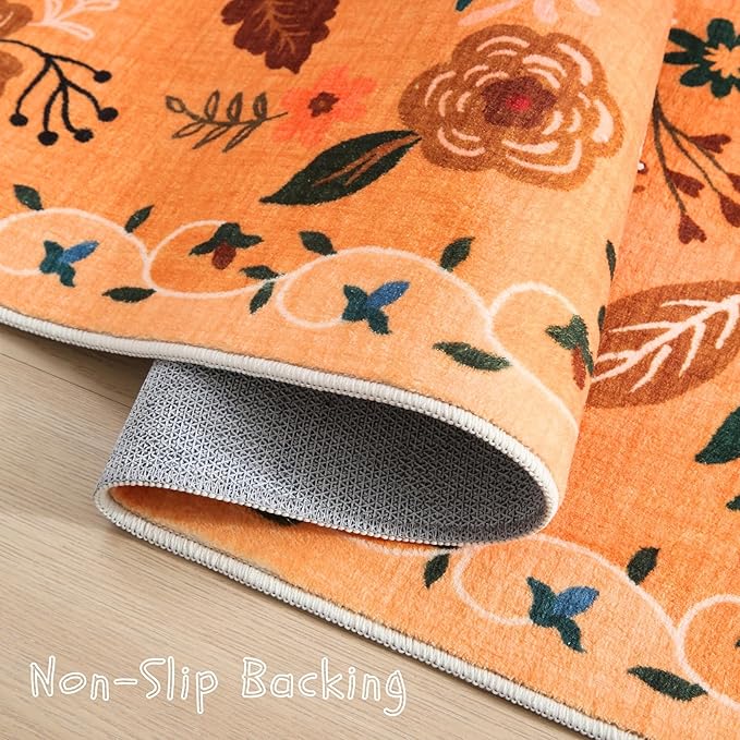 Living Room Rug 6x9 Rug Machine Washable Boho Area Rug Non Slip Floral Vintage Low Pile Large Rug for Living Room, Bedroom, Farmhouse, Dining Room, Kids Playroom(Yellow)