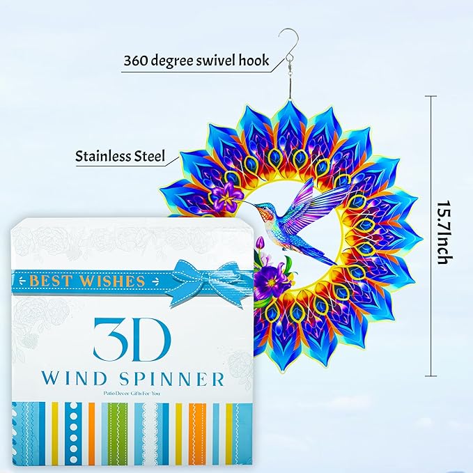 Hummingbird Wind Spinner,Hanging Wind Spinners Outdoor for Garden Decoration,15.7 inch 3D Stainless Steel Wind Sculpture for Indoor/Outdoor Decor