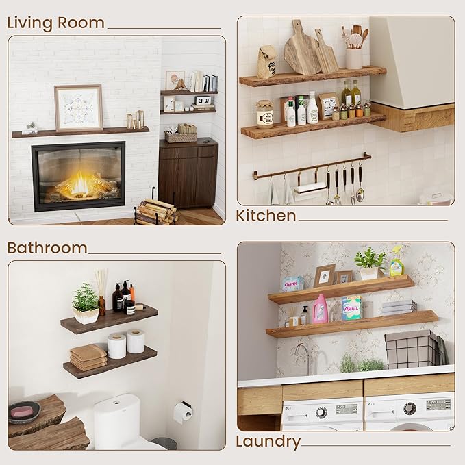 Floating Shelves for Wall Decor, Rustic Solid Elm Wood Floating Shelves Wall Mounted, Wall Shelves with Invisible Bracket for Living Room Bathroom Bedroom Kitchen, 55 Inch, Natural