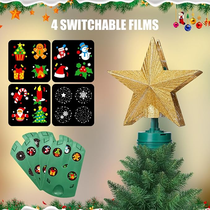 Christmas Star Tree Topper with 4 Projection Modes, Rotating 7 Color Gradient Tree Topper with Built-in LED Rotating Lights, Tree Top with Golden Spangles Plated Plug in for Christmas Decorations