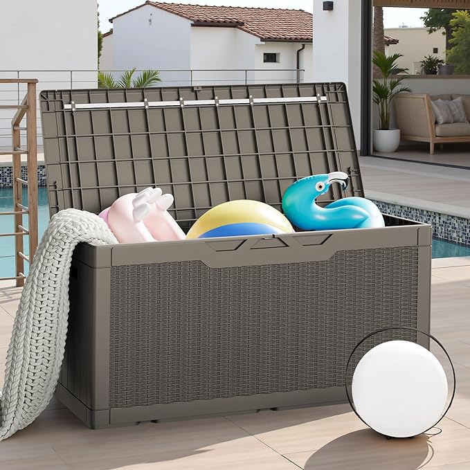 JUMMICO 100 Gallon Resin Deck Box with Cushion, Waterproof Outdoor Storage Box with Lockable Lid for Garden Tools, Patio Cushions (Light Brown)