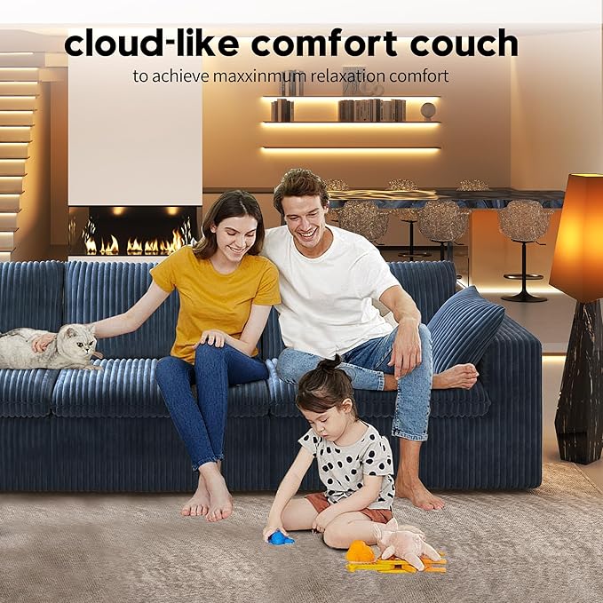118" V Shaped Corner Modern Sofa Modular Sectional Cloud Couch,Deep Seat Upholstered Couches with Plush Corduroy Fabric for Living Room Furniture,Bedroom and Apartment,No Assembly Required,Blue