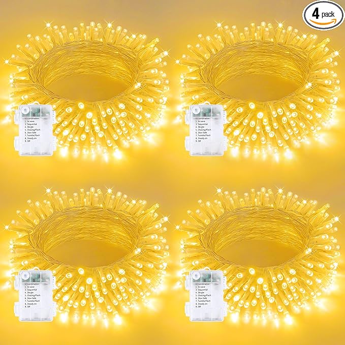 4 Pack String Lights Battery Operated with Timer, 66FT 200 LED Waterproof Battery Twinkle Lights, 8 Modes Fairy Light for Indoor & Outdoor Party Bedroom Garland Tree Christmas Decorations (Warm White)