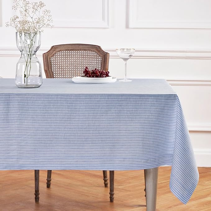 Solino Home Linen Tablecloth 60 x 144 Inch - Narrow Stripe 100% Pure Linen Cornflower Blue and White Table Cloth for Rectangle Tables - Machine Washable Tablecloth