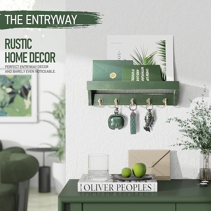 Rebee Vision Farmhouse Pine Wood Key Holder Wall Mount with Shelf for Home Improvement - Rustic Wall Mail Holder for Farmhouse Room Decor - Perfect Mail Organizer for Home (Green)