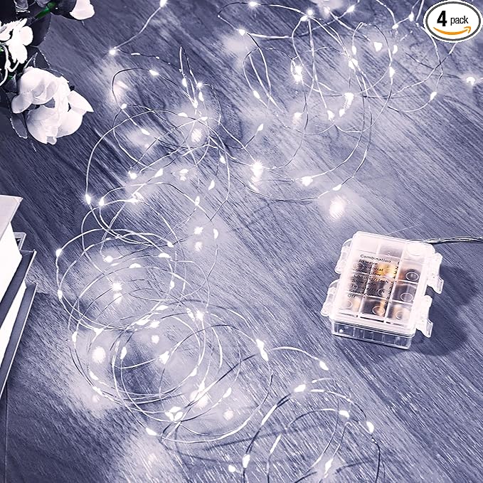 4 Pack 16.4 Ft. Battery Operated Outdoor String Lights with Remote & Timer, LED Cool White Fairy Lights, Waterproof Twinkle Lights for Bedroom, Dorm, Mason Jar, Wedding, Party, Christmas