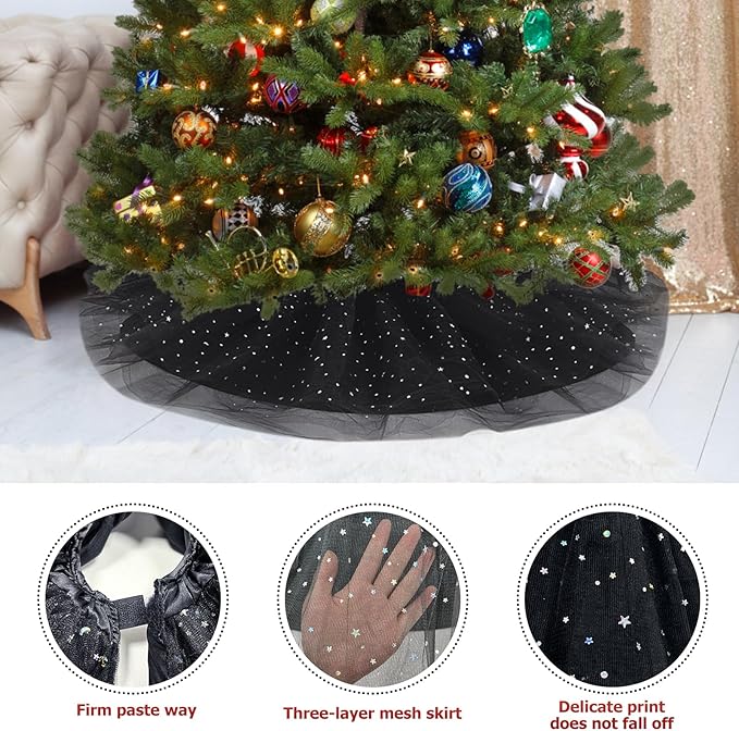 Christmas Wedding Tree Skirt,45 inch 4-Layer Fluffy Romantic Pleated Sparkly Halloween Skirt Decoration Xmas Tree Ornament for Holiday and Party(Black)