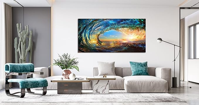 Cao Gen Decor Art S06775 Giant Wave Water Wall Art Canvas Prints 1 Panels Ocean Waves Pictures Paintings with Sunset Blue Seascape Framed for Living Room Bedroom Kicthen Office Artwork