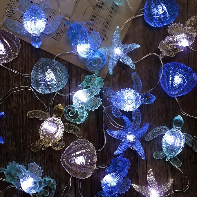 Ocean Theme String Lights Indoor Nautical Décor-USB or Battery Operated 10ft 30 LED Sea Horse Starfish Shell Décor- Twinkle Fairy Lights for Bedroom Patio Beach Wreath Christmas Decoration
