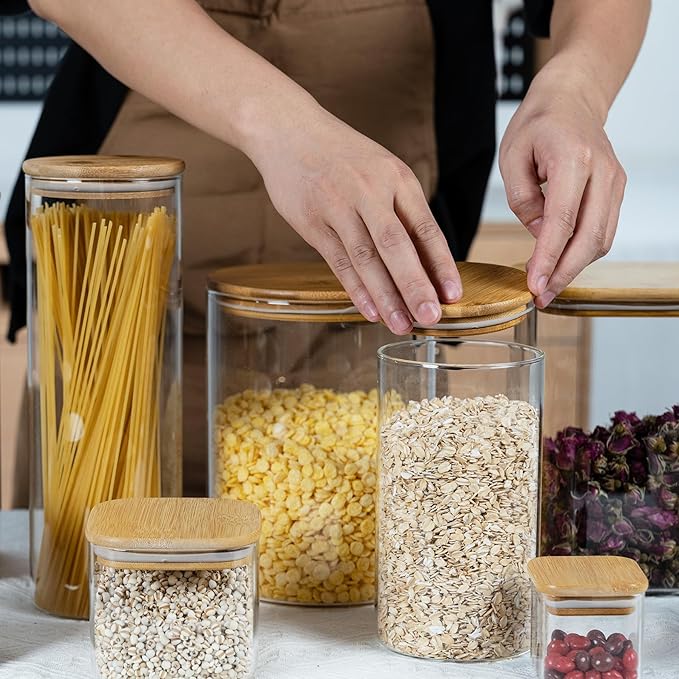 108oz 42oz Straight cylindrical Airtight Storage Jars with Bamboo Lid Set of 2 Large Storage Container Gallon Glass Jars, for Flour, Pasta and Coffee bean (with Black Lable)