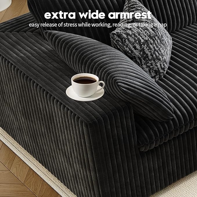 118" Cloud Couch Modular Sectional Sofa for Living Room,Modern Sofa with Deep Seat,3 Seater Boneless Couch,Comfy Upholstered Corduroy Couches for Apartment, Studio, Office,Bedroom,Black