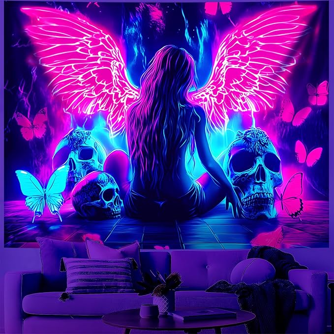 Blacklight Tapestry,WingTapestry Glow In The Dark,UV Reactive Black Light Upright Posters Wall Hanging for Bedroom Dorm Living Room Backdrop Decor (wing12, 90L" x 70W")