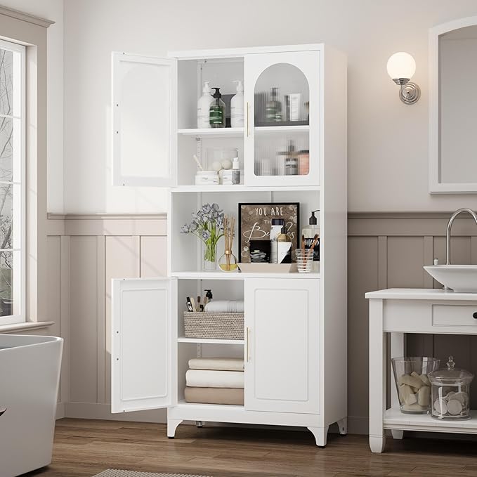 75" Tall Kitchen Pantry Cabinet, Metal Storage Cabinets with Acrylic Doors and Adjustable Shelves, Hutch Cabinet with Storage, White Microwave Stand Cabinets for Dining Living Room