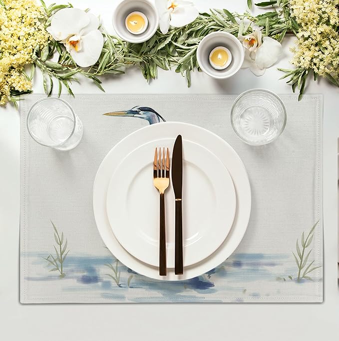 Coastal Placemats Set of 4 Summer Ocean Heron Place Mats 12x18 Inch Nautical Beach Sea Bird Pelican Table Mat Heat Resistant Non Slip Washable Linen Fabric Kitchen Dining Placemat