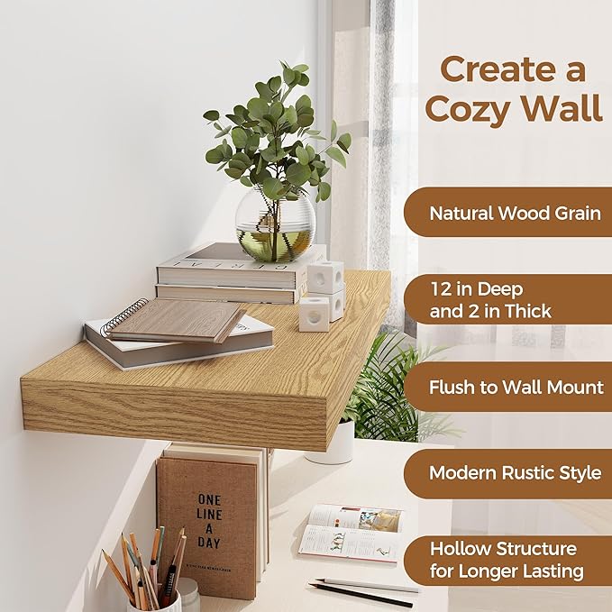 12 Inch Deep Floating Shelves, 24 x 12 Floating Shelf for Books, Rustic Wood Deep Wall Shelves for Home Storage & Display, 2" Thicked Shelves for Kitchen, Living Room, Bedroom, Oak Color, 2 Pack