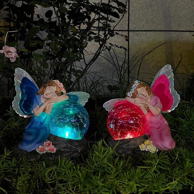 Fairy Garden Statue ,Solar Garden Decor ,Fairy Statue Outdoor with Glass Ball ,Waterproof Outdoor Decor,Suitable for Yard, Lawn ,Ideal for Holiday Giving(Blue)