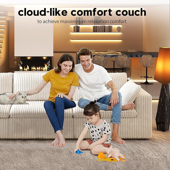 118" 3-Seater Cloud Sofa,Modular Sectional Couch,Modern Deep Seat Upholstered Couches with Plush Corduroy Fabric for Living Room Furniture,Bedroom and Apartment,No Assembly Required,White
