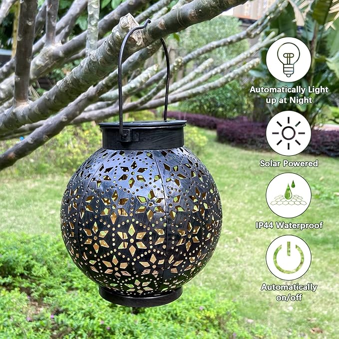 2 Pack Outdoor Solar Lantern Lights, Waterproof Tabletop LED Moroccan Lanterns, Hanging Metal Decorative Garden Lights for Patio, Lawn, Porch, Backyard