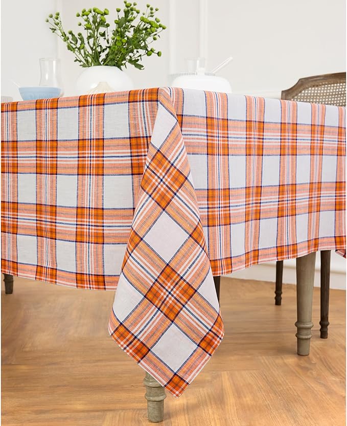 Solino Home Plaid Linen Tablecloth 60 x 90 Inch - 100% Pure Linen Orange Tartan Plaid Table Cloth for Rectangle Tables - Machine Washable Tablecloth for Fall, Autumn, Halloween, Thanksgiving