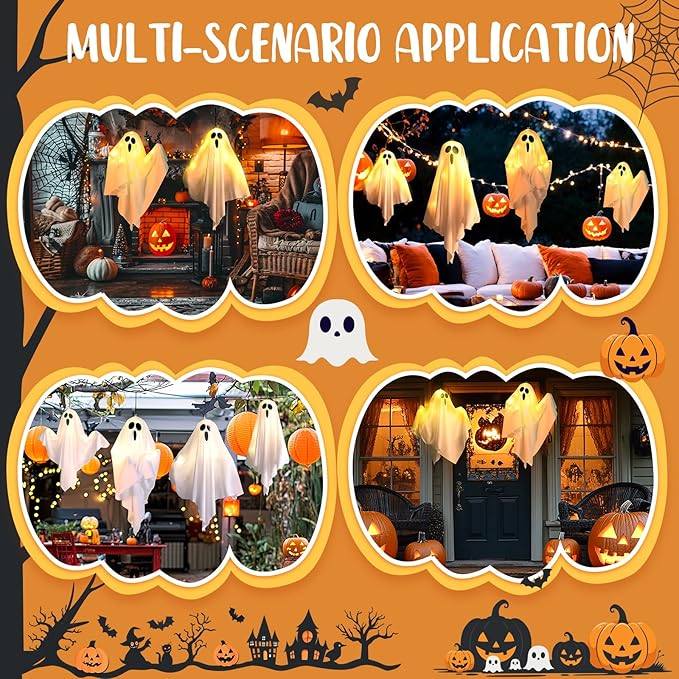 4Packs Hanging Ghosts Halloween Decor, LED Light Up Halloween Ghost Decorations, Spooky Cute Ghost Ornaments for Home Tree Garden Front Porch Yard Fall Party Holiday Decoration Outdoor 19.6", White