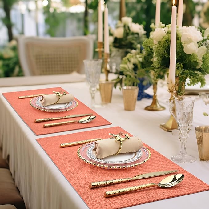 Thanksgiving Orange Cloth Placemats Set of 4 - Easy to Clean Linen Style Fabric Table Placemats -Machine Washable & Heat Resistant Non-Slip Table Mats for Holiday Dining (4, Orange)