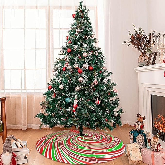 36" Red and Green Swirl Christmas Tree Skirt Sweet Peppermint Candy Tree Mat Base Cover for Xmas Festive Holiday Party Decoration Ornaments