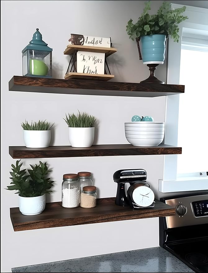 Wood Floating Shelves for Wall Decor, Rustic Wall Shelves for Bedroom Bathroom Kitchen Living Room, Set of 4 Walnut 24 Inch