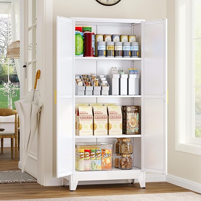 Metal Pantry Cabinet, Kitchen Pantry Storage Cabinets with 2 Door and 3 Adjustable Shelves, White Kitchen Pantry Cabinet, Freestanding Cupboard for Dining Room Living Room Bathroom