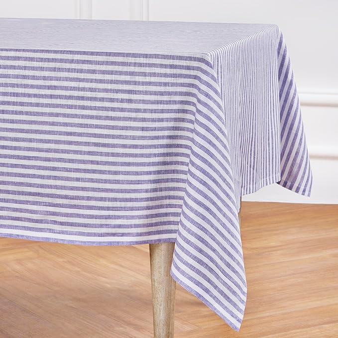 Solino Home Linen Striped Tablecloth 60 x 120 Inch - 100% Pure Linen Violet and White Table Cloth for Rectangle Tables - Amalfi Stripe, Machine Washable Tablecloth