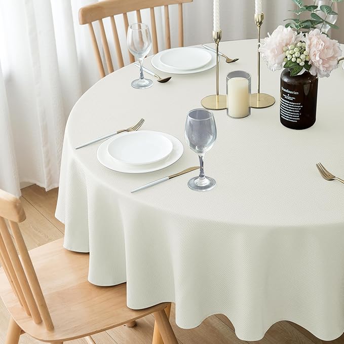 Biscaynebay Textured Fabric Round Tablecloths 70", Ivory Water Resistant Table Cloth Circle Folding Table Covers for Dining, Kitchen, Wedding, Parties etc. Machine Washable