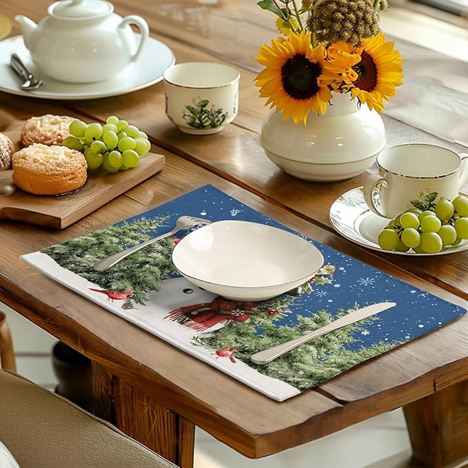 Blue Snowman Christmas Placemats Set of 4 Xmas Tree Cardinal Snowflakes Linen Table Mats Seasonal Winter Holiday Place Mats Washable Placemat for Party Kitchen Dining Outdoor Indoor Decor
