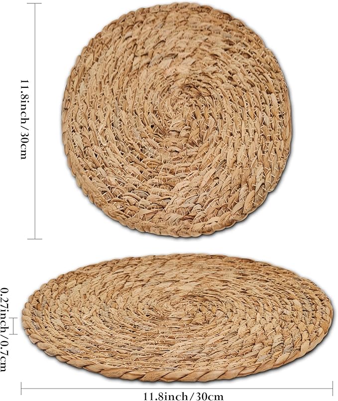 Defined Deco Woven Placemats Set of 6,12" Round Rattan Placemats,Natural Hand-Woven Water Hyacinth Placemats,Farmhouse Weave Place Mats,Rustic Braided Wicker Table Mats for Dining Table,Home,Wedding.