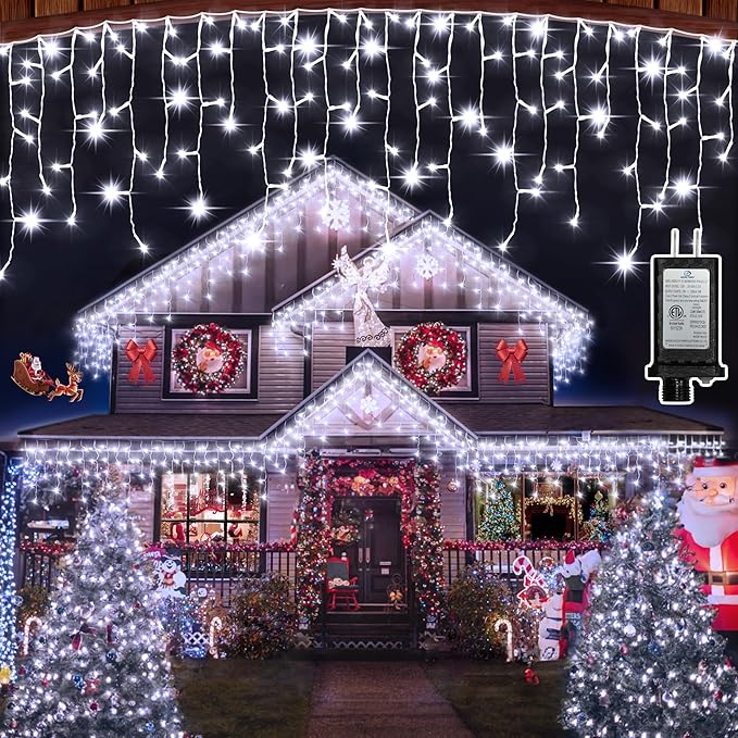 792 LED Christmas Outdoor Lights with 176 Drops, 82ft Hanging Curtain Lights 8 Modes, Christmas Fairy Lighs with Timer & Memory for House Roof Holiday Wedding Christmas Decor (Cool White)