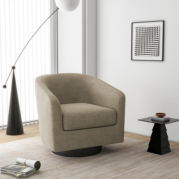 Swivel Barrel Accent Chair, Modern Round Linen Arm Chair for Living Room, Bedroom, Comfy Club Reading Chairs for Adults(Linen Fabric, Light Brown, Set of 4