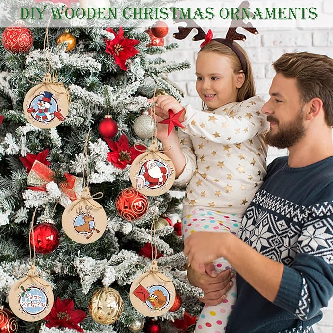 120 Pcs Wooden Christmas Ornaments Unfinished Wooden Circles with Holes Blank Round Wood Discs Slices Wooden Christmas Hanging Ornaments with Twine for DIY Crafts Present Tags Xmas Party Decor,3.1x4