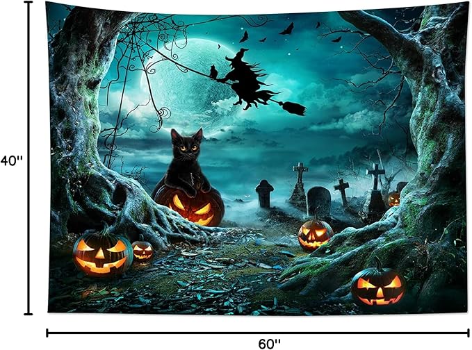 LB Teal Halloween Witch Tapestry Horror Black Cat Dead Tree in Graveyard Full Moon Night Tapestry Wall Art Spooky Pumpkin Wall Decor for Bedroom Living Room Dorm Holiday Party Decor 60x40 Inch
