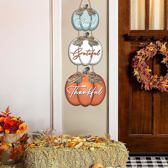 3 Pieces Pumpkin Decor Grateful Thankful Blessed Wall Signs,Rustic Hanging Welcome Door Sign for Autumn Harvest Thanksgiving Halloween Door Wall Decoration Indoor Outdoor Fall Decor for Home