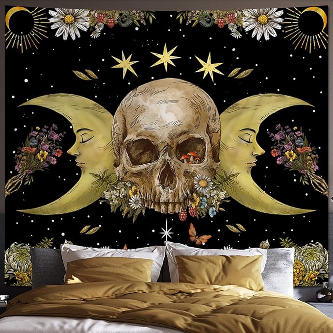 Atrippy Halloween Vintage Gothic Tapestry for Bedroom, Goth Skull Floral Wall Decor Tapestry, Sun and Moon Skeleton Flower Tapestries Aesthetic, Dark Room Decor Wall Hanging for Living Room Dorm 51x60 Inches