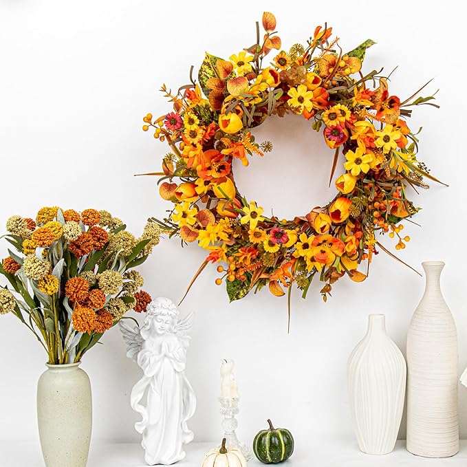18 Inches Fall Wreaths for Front Door Rustic Autumn Wreath Farmhouse Fall Floral Wreaths with Tulips Phalaenopsis Orange Wildflowers for Wall Window Porch Indoor Outside Decor