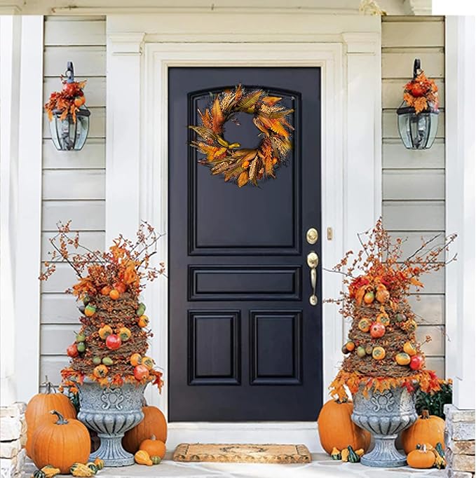 Fall Wreath for Thanksgiving Decorations 24inch - Walasis Large Wheat Wreaths for Front Door - Harvest Grain Gold Autumn Wall Decor for Indoor Outdoor
