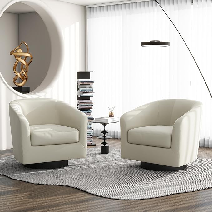 Swivel Barrel Accent Chair, Modern Round Linen Arm Chair for Living Room, Bedroom, Comfy Club Reading Chairs for Adults(Linen Fabric, Beige, Set of 2
