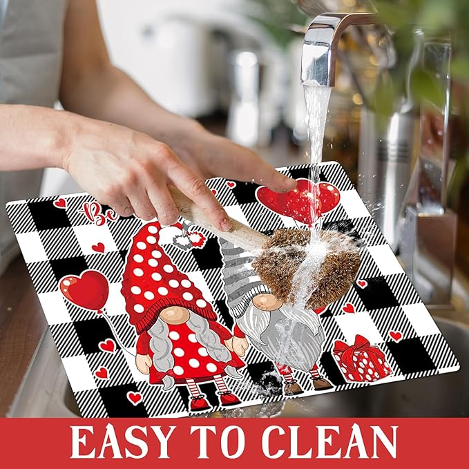 Valentine's Day Placemats Set of 6 Gnomes Plastic Table Mats Buffalo Plaid Place Mats Washable Vinyl Love Hearts Table Decoration for Anniversary Wedding Party Kitchen Dining Table