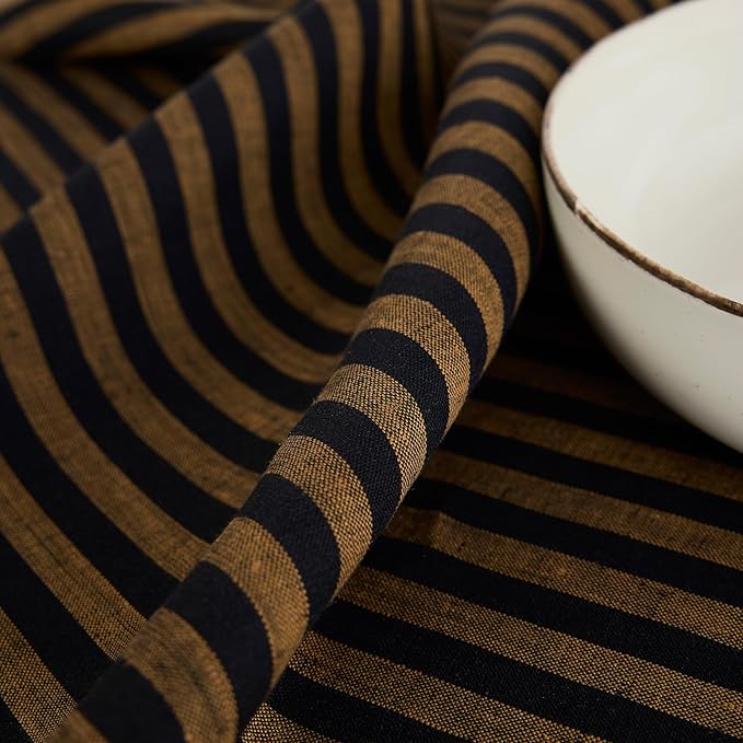 Solino Home Linen Tablecloth 60 x 120 Inch - Amalfi Stripe 100% Pure Linen Brown Sugar and Black Table Cloth for Rectangle Tables - Machine Washable Fabric Tablecloth for Fall, Autumn, Thanksgiving