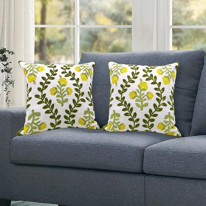 Alysheer Floral Embroidered Summer Decorative Throw Pillow Cover 18"x 18" Set of 2, Farmhouse Cottage Yellow Flower Green Leaves Patterned Cotton Cushion Case for Couch Bed Living Room Outdoor Decor