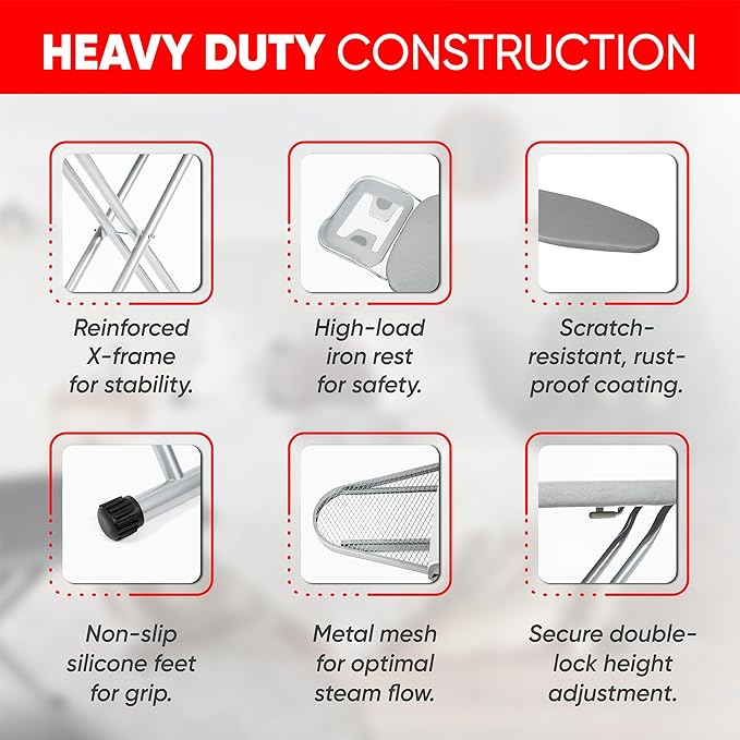 Ironing Board Full Size 54" L x 13" W, Foldable & Adjustable Height Iron Board with Heat-Resistant Cover and Iron Rest, Sturdy & Space-Saving Ironing Table for Home